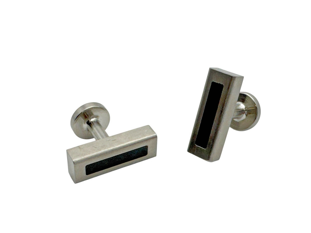 Vintage Brutalist Modernist Bar Cufflinks Brushed Aluminum Brushed Black Inlay